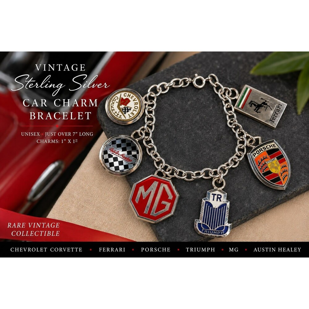 Vintage Sterling Silver Enamel Car Emblem Charm Bracelet Ferrari Porsche Unisex